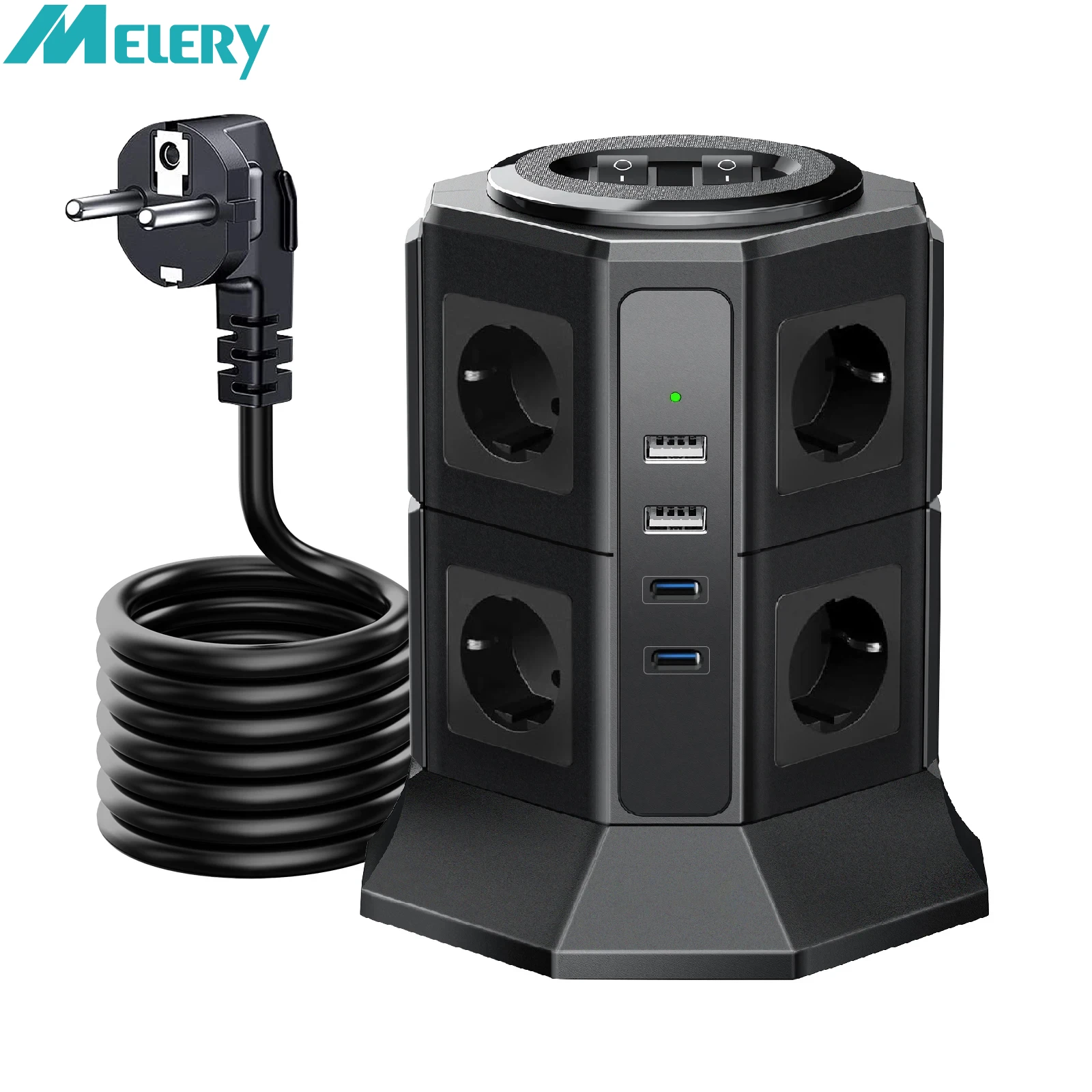 Meler Vertical Power Strip Surge Protector Multiple Sockets EU Electrical Plug Outlet USB Type-C Fast Charger 2m Extension Cable