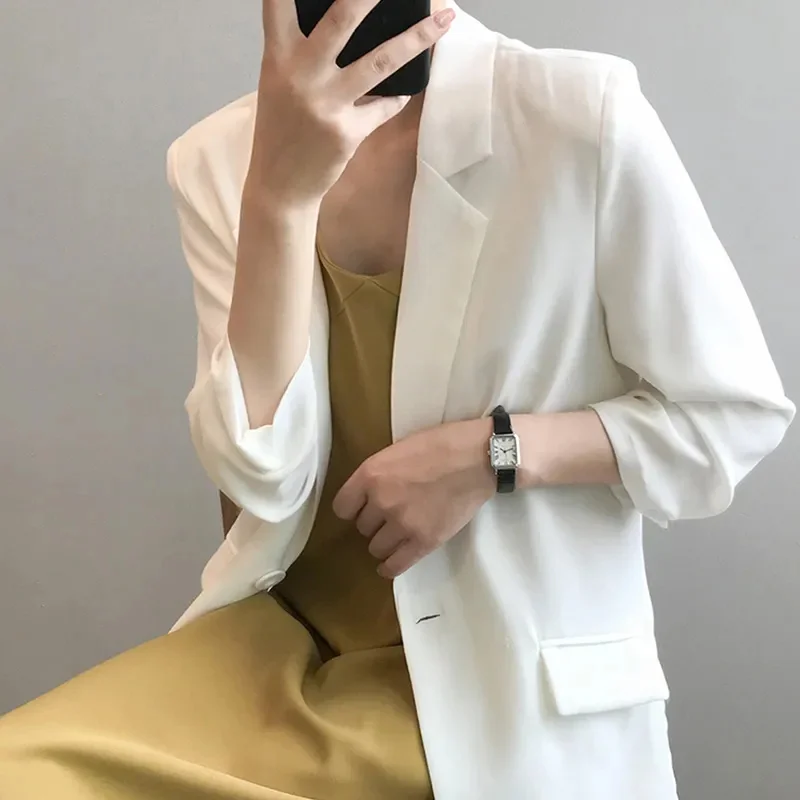 Chiffon Suit Coat Women\'s 2024 Summer New Korean Loose White Thin Long Blazers Jacket Solid Color Sunscreen Shirt Women Blazer