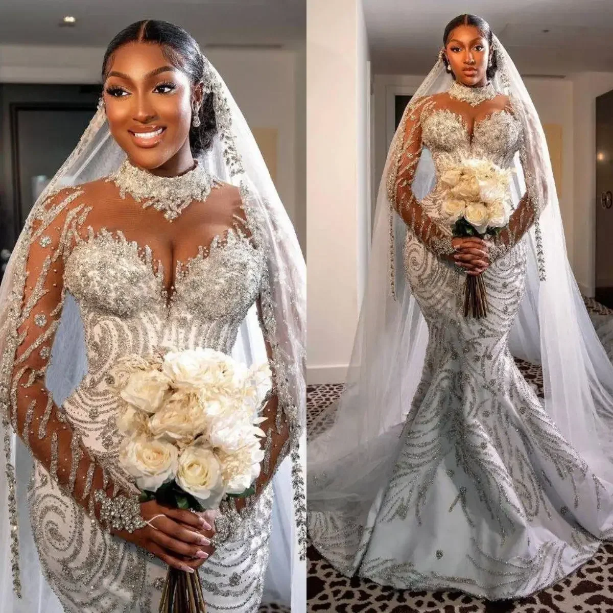 Customized Luxury Crystal Mermaid Wedding Dress Illusion High Neck Long Sleeve Plus Size Bridal Gowns Beads Bride Dresses Robes