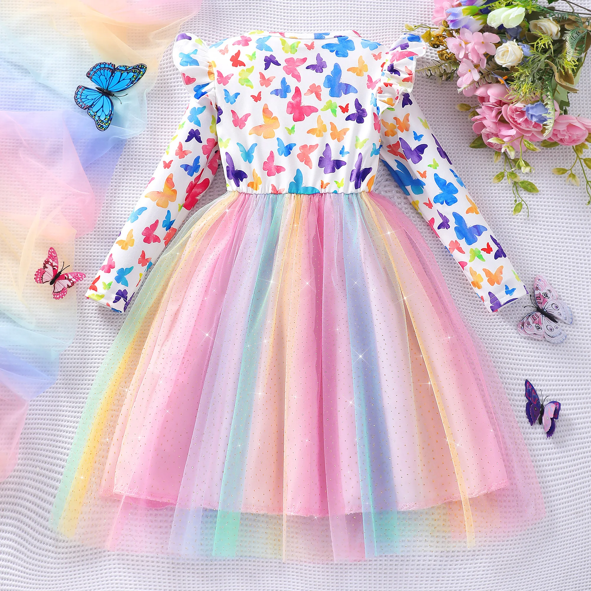 Girls\' long sleeved round neck rainbow mesh dress