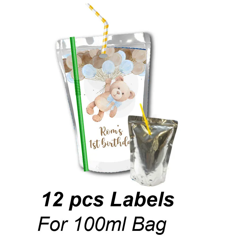 Personalised Cute Bear Balloon Juice Pouch Labels Fruit Water Bottle Favor Tag Chip Bag Candy Treat Box Stickers Birthday Decor