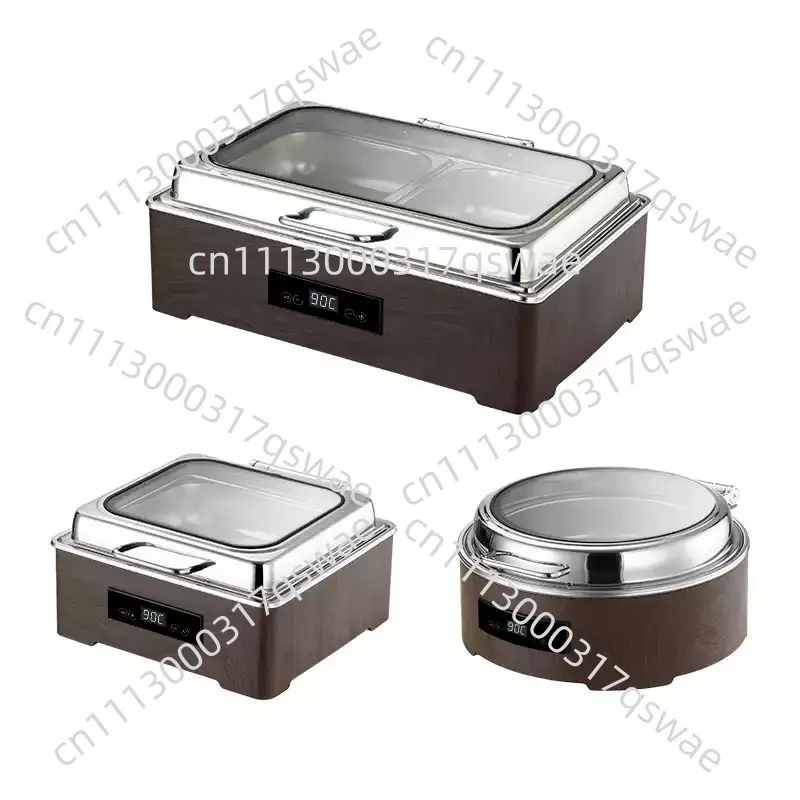 Electric Chafing Dish Buffet Food Warmer Wood Grain Design Touch Control Hydraulic Lid Stainless Steel Catering Equipment