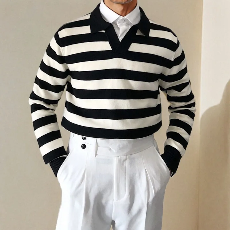 

Осень-зима 2025 года, новый мужской черно-белый полосатый свитер с отложным воротником, деловой повседневный универсальный внутренний слой, теплый модный топ
