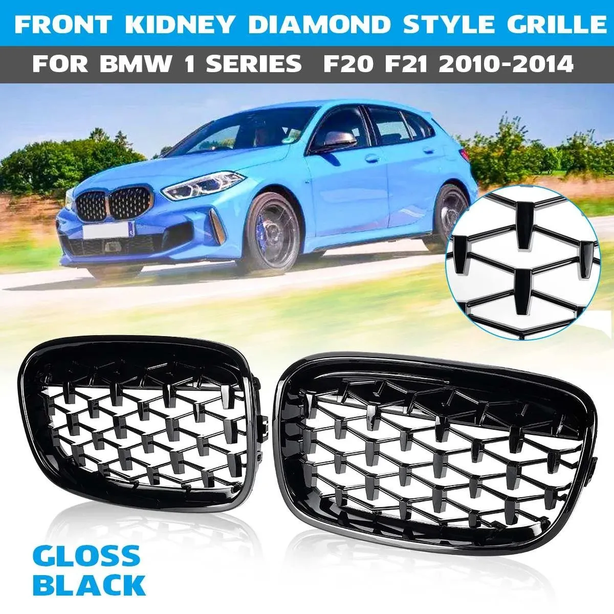 New-Pair Front Kidney Diamond Meteor Style Grille Grills For -BMW 1 Series F20 F21 2010-2014 Racing Grills Glossy Black