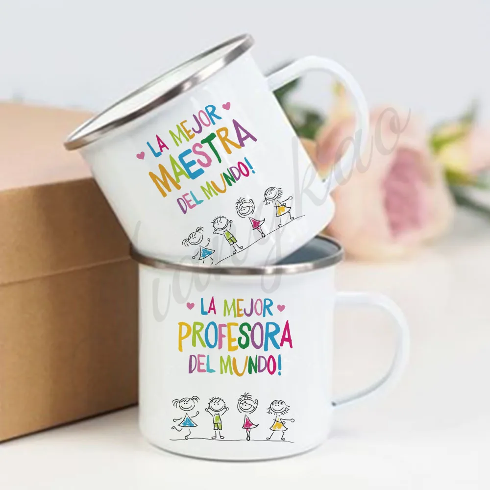 أفضل معلم في العالم مطبوعة المينا القدح أكواب حليب القهوة في الهواء الطلق مقبض التخييم كوب عيد المعلم شكرا الهدايا للمعلمين #1