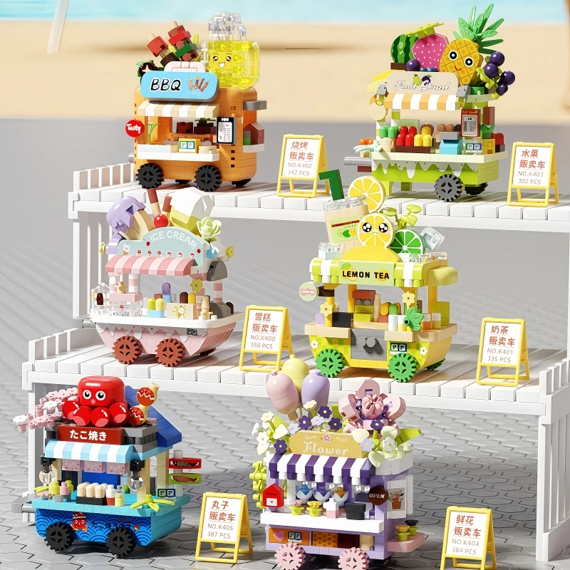 

Уличные закуски, продажа автомобильных строительных блоков, модель сращивания, украшения из микрочастиц, вид на улицу, развивающие игрушки, коллекция подарков