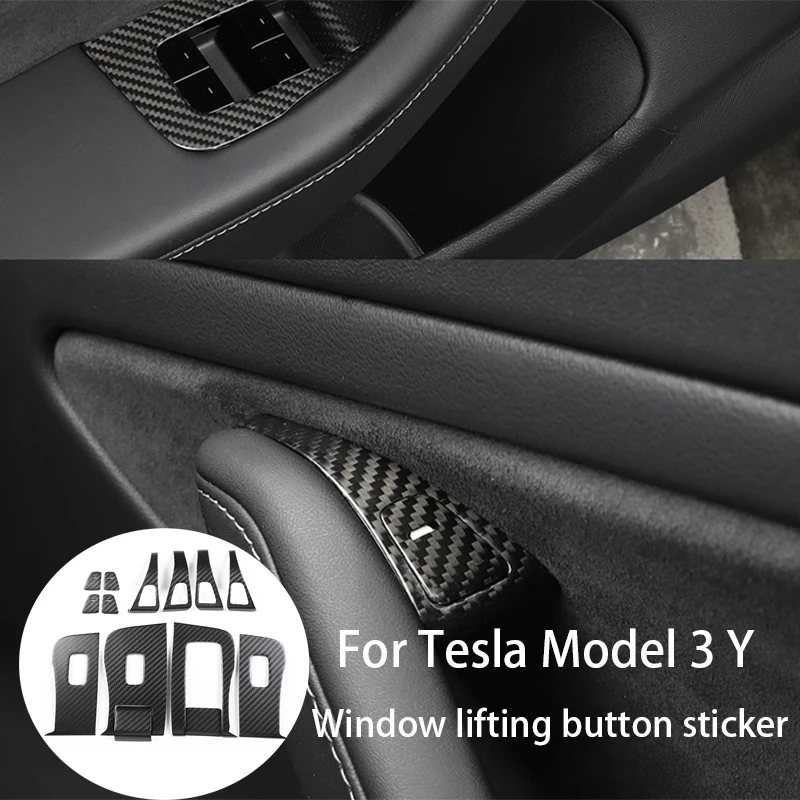 For Tesla Model 3 Y Real Carbon Fiber Window Door Pull Handle Lift Switch Button Frame Cover Trim Sticker Panel 14Pcs 2017-2023