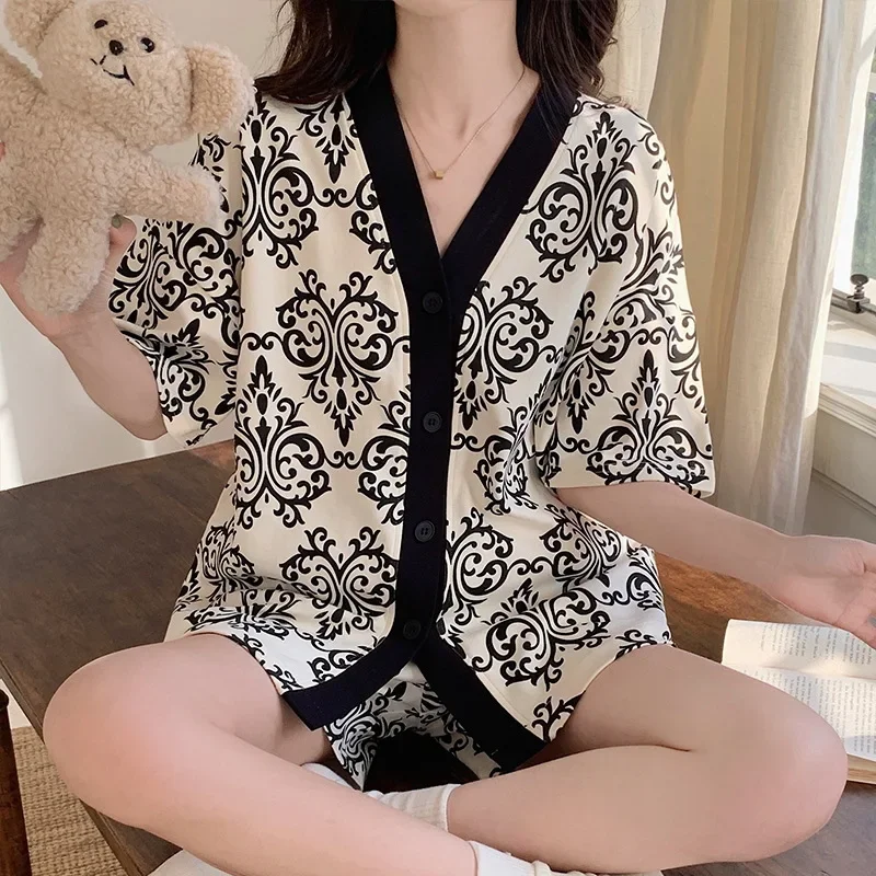 2023 Summer Women's Shorts and Blouse Sets Milk Silk Soft  Sleepwear 2 Pieces Outfit Pajamas Set Korean Loungewear Home Clothes