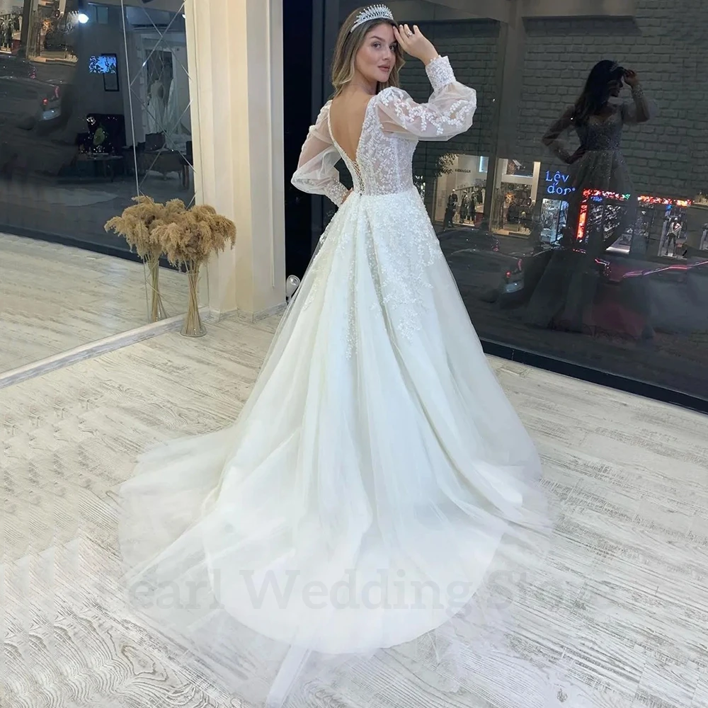 أنيقة تول فانوس الأكمام فستان الزفاف الوهم زين ألف خط طول الأرض مثير مفتوح الظهر الزفاف الدانتيل يصل فساتين مخصص #2