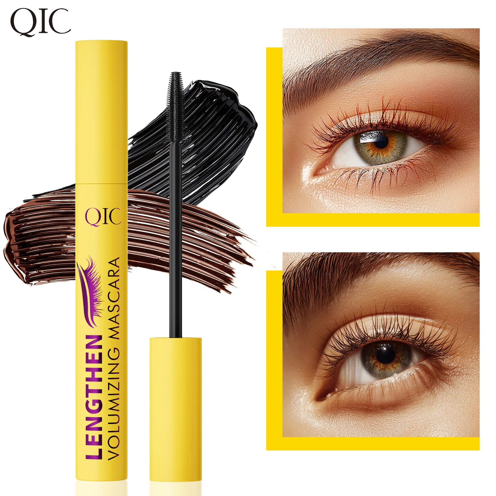 QIC 4D ماسكارا سوداء ماسكارا بنية سماكة، إطالة، تجعيد، ماسكارا ألياف سائلة مقاومة للماء.