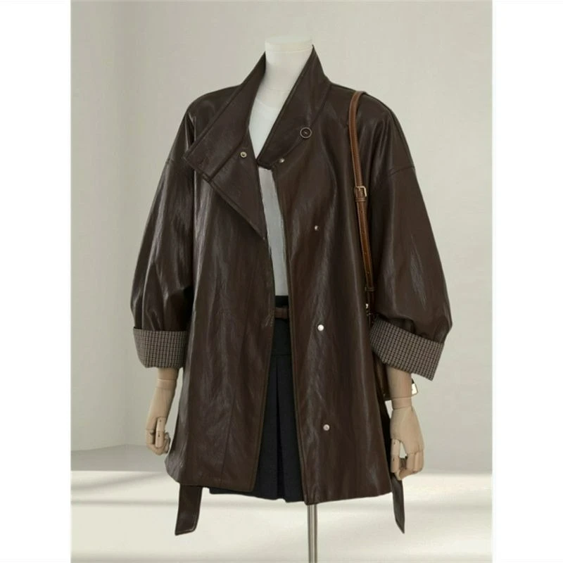 

A Brown Leather Jacket for Women's Autumn 2026 New Style American Retro Design Casual Checkered Sleeve Jacket Top