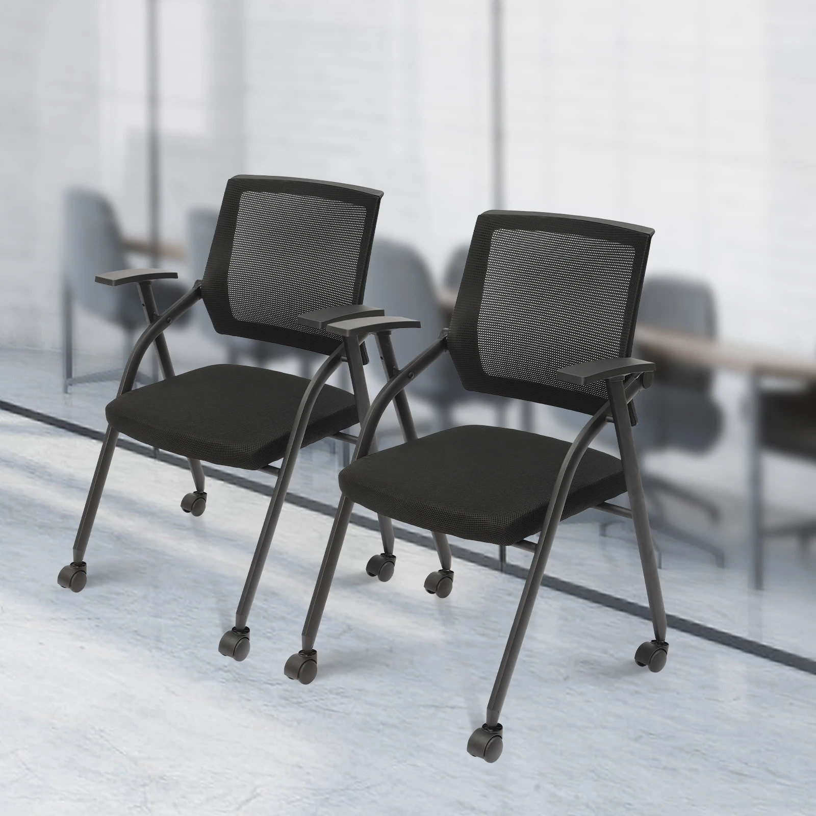 2 Pack Conference Room Chairs, Stackable & Ergonomic Foldable Chair with Armrest - Mesh Bouncing Back for Office Meetings