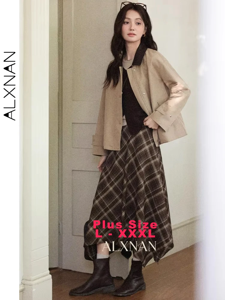 

ALXNAN Plus Size Women's Skirt Plaid High-waist Irregular Hem A-line 2025 Autumn Slimmer Ladies Gentle Female Long Skirts D13162