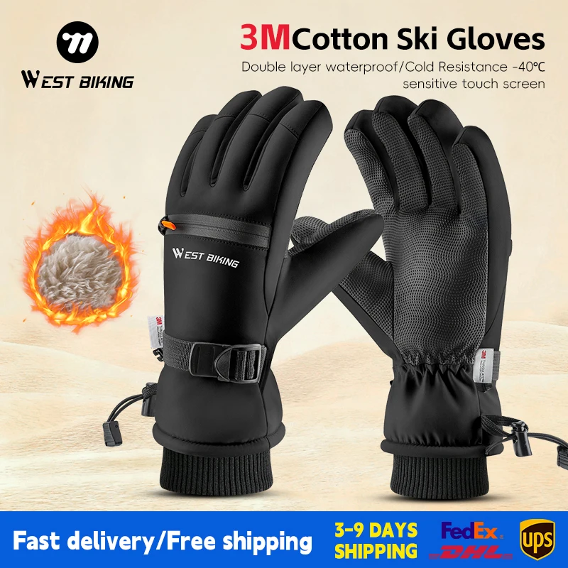 

WEST BIKING -40 ℃ Зимние утепленные лыжные перчатки, хлопковые водонепроницаемые велосипедные перчатки 3 м, флисовые термоперчатки с сенсорным экраном и полным пальцем