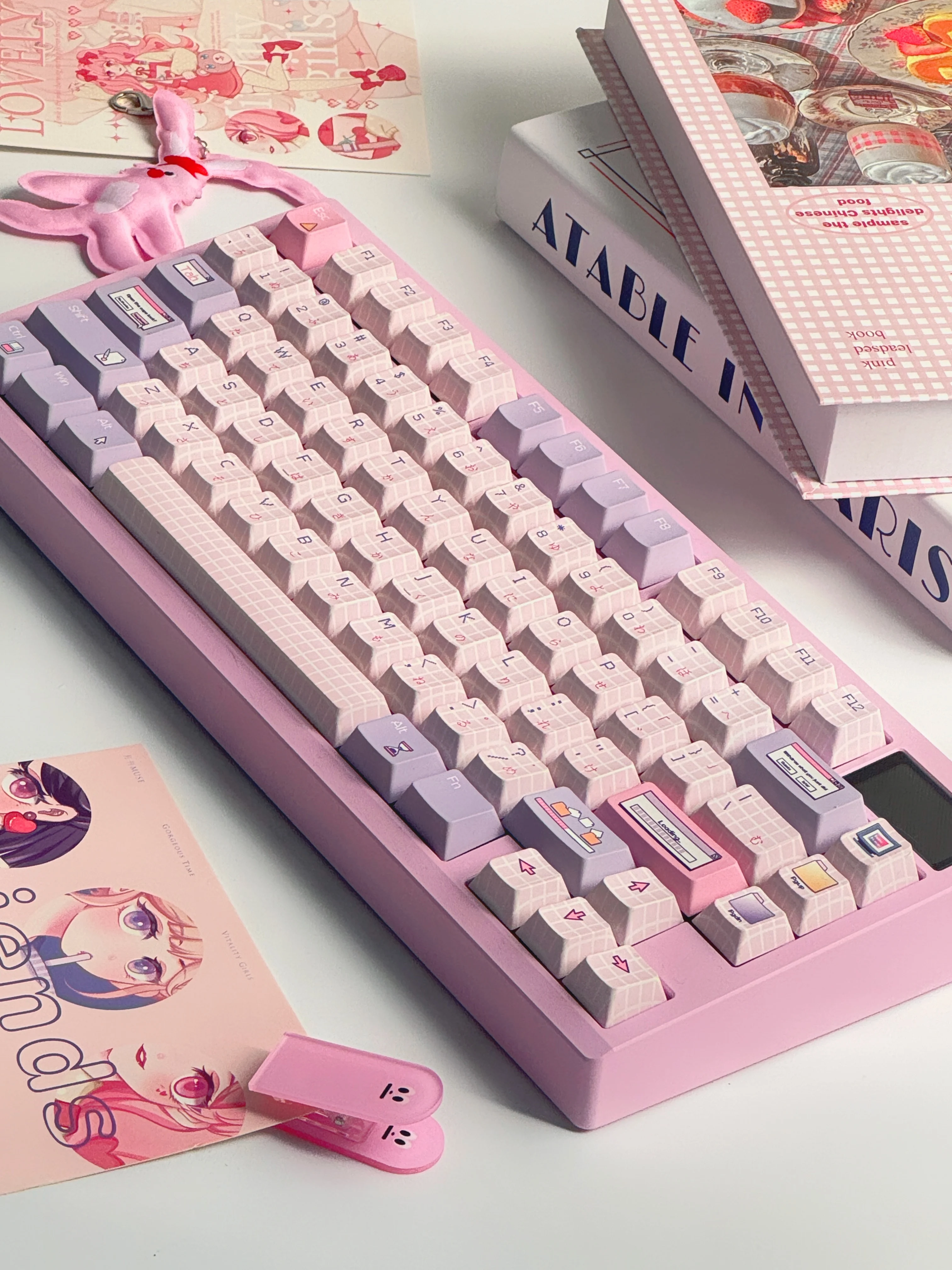 136 Tombol Keycap Lucu Merah Muda Profil Chreey PBT Tutup Kunci Persegi Sublimasi Termal Keyboard Mekanis Keycap Set Kucing untuk Hadiah