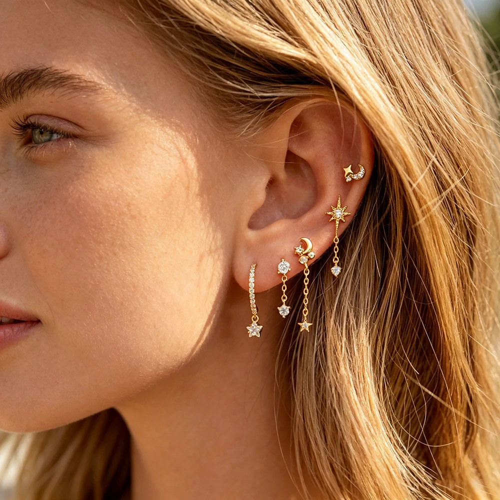

5Pcs/Set Multiple Piercings Earrings Gold Plated Star Moon CZ Dangle Cartilage Helix Studs Ins Fashion Jewelry Gift for Women