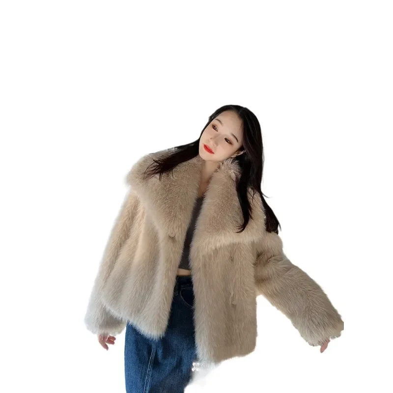 Stylish large lapel-neck imitation fur coat, feminine elegant celebrity long-sleeved thermal coat, fluffy top