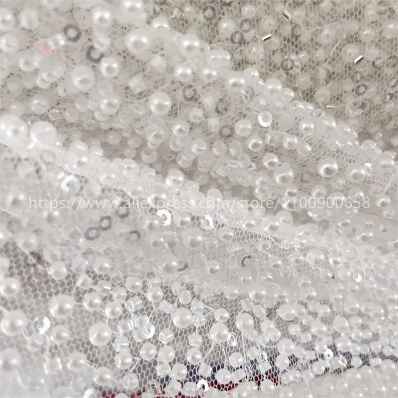 Pearl White Bridal Lace Fabric Full of Pearl Embroidery Luxury Beaded Wedding Dress, Advanced Custom-Made Sewing Fabric