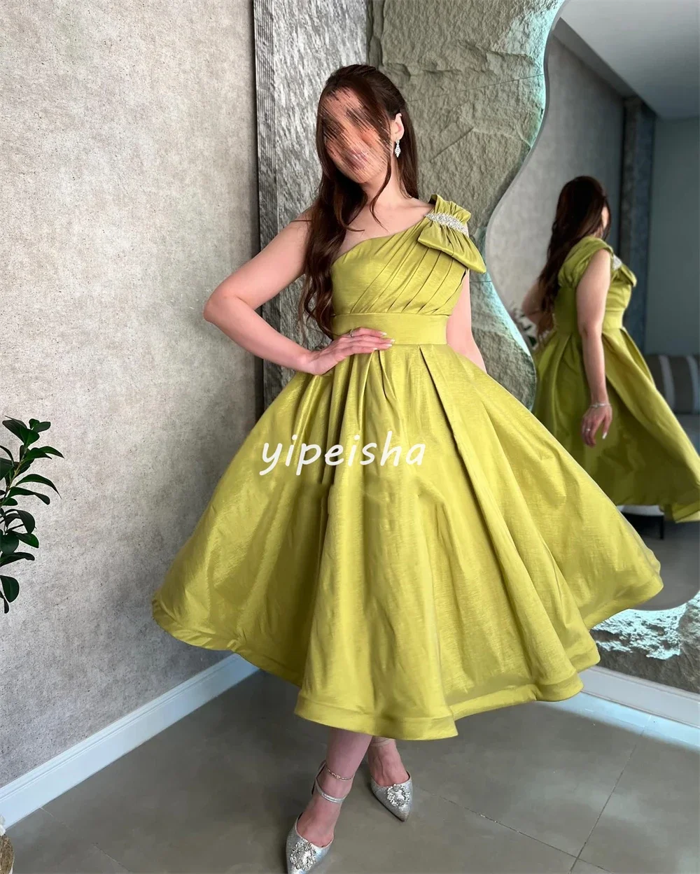 Customized Jersey Bow Rhinestone Engagement A-line One-shoulder Bespoke Occasion Gown Midi Dresses