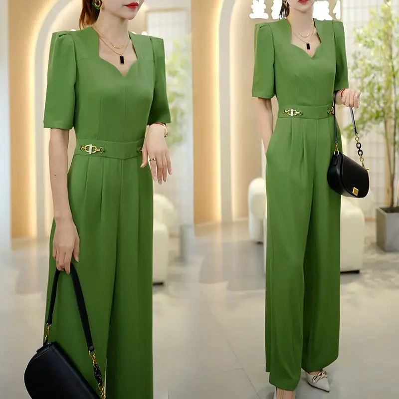 

Lazy Style Slimming Short Sleeved Jumpsuit For Women 2024 Summer New Fashion French V-neck Versatile trend Long Women's Rompers