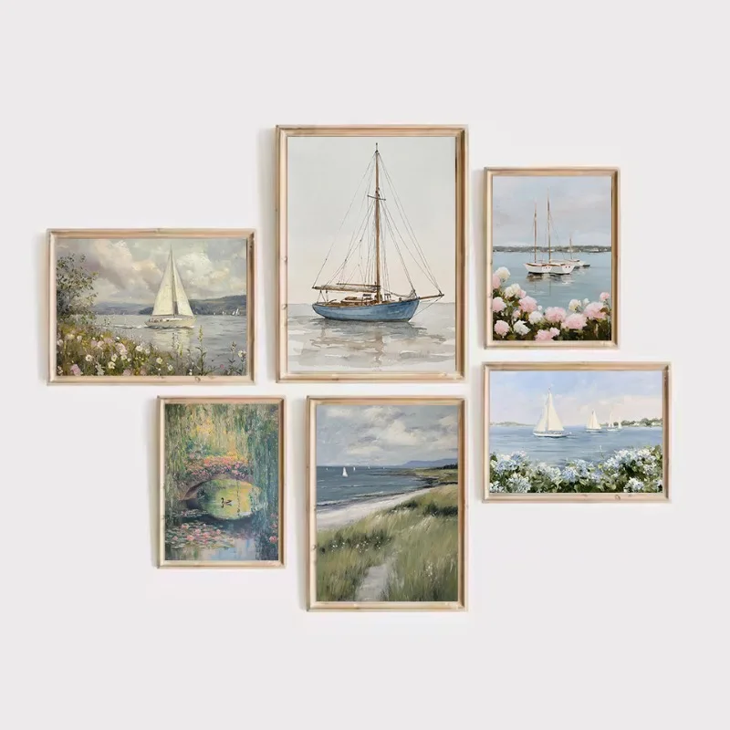 Vintage Coastal Sailboats Nautical Seaside Hydrangeas Meadow Landscape Poster Canvas Painting Wall Art Pictures Home Decor