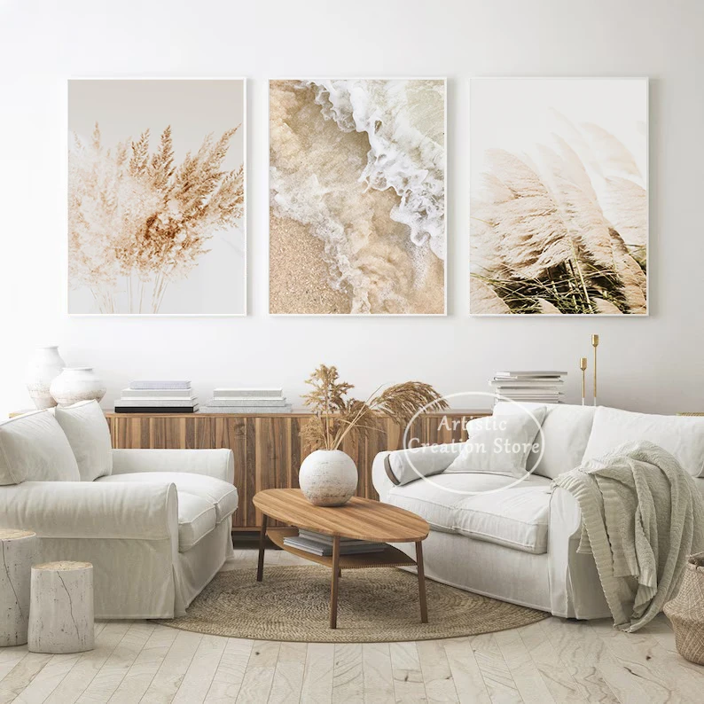 Neutral Boho Beach Coastal Pampas Grass Ocean Waves Photography Poster Canvas Painting Modern Wall Art Pictures Home Decor