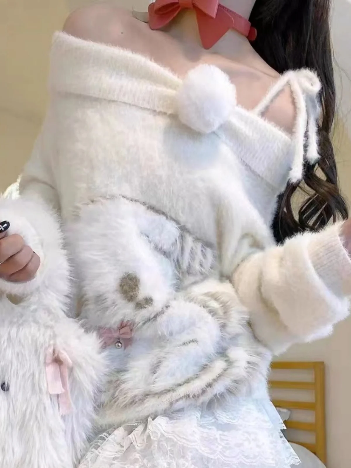 

Мягкий вязаный свитер с имитацией белого меха, женский весенне-осенний новый топ Pure Desire на одно плечо, высококачественный топ