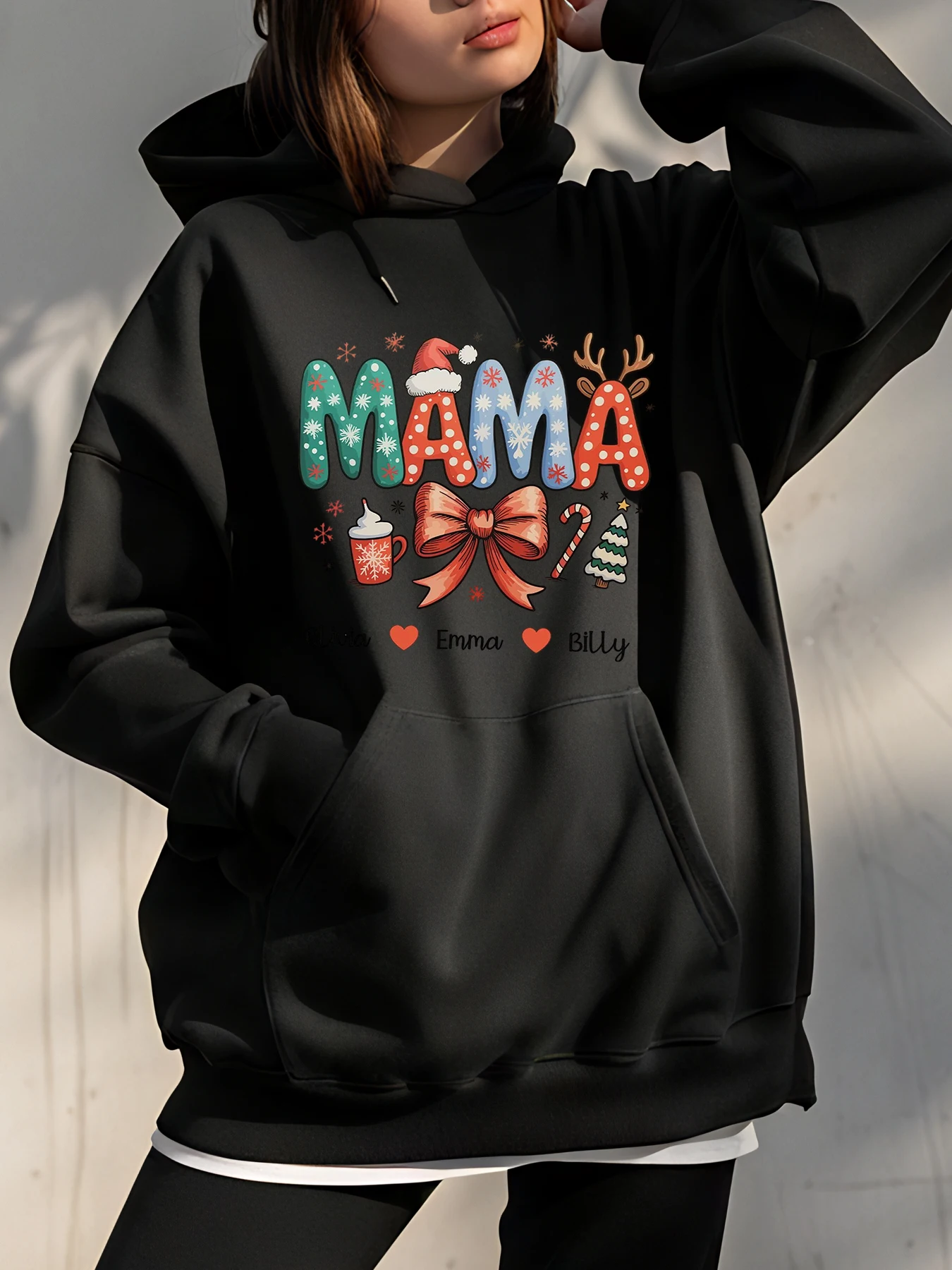 Рождественская толстовка с принтом мамы, персонализированные имена, праздничный праздничный свитшот, женская повседневная зимняя одежда