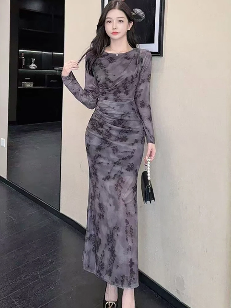 Femmes imprimer maille plissée moulante longue robe automne hiver élégant décontracté maison robe 2025 coréen Vintage à volants luxe robes