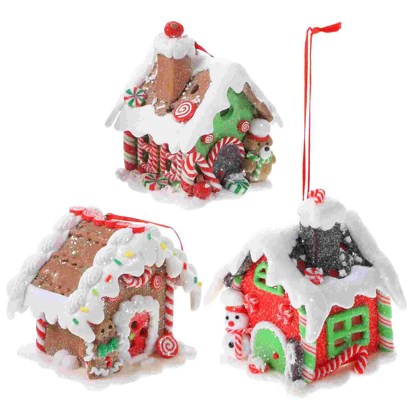 

3 Pcs Glowing Christmas House Tree Ornaments Resin Handicraft Accessories Decorative Cabins Pendants