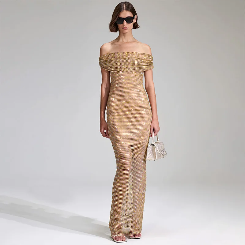 Cross Summer One Shoulder Evening Dress Sexy Sequin See Through Long Dress Dresses