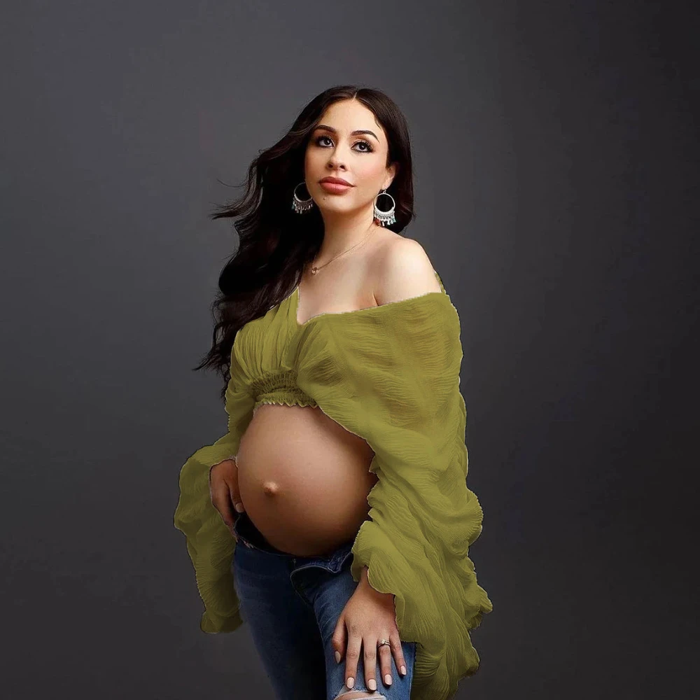 Maternity Photography Props Accessories Women's Pleated Top Female Fold Puff Sleeve Loose Pregnant Women Clothing