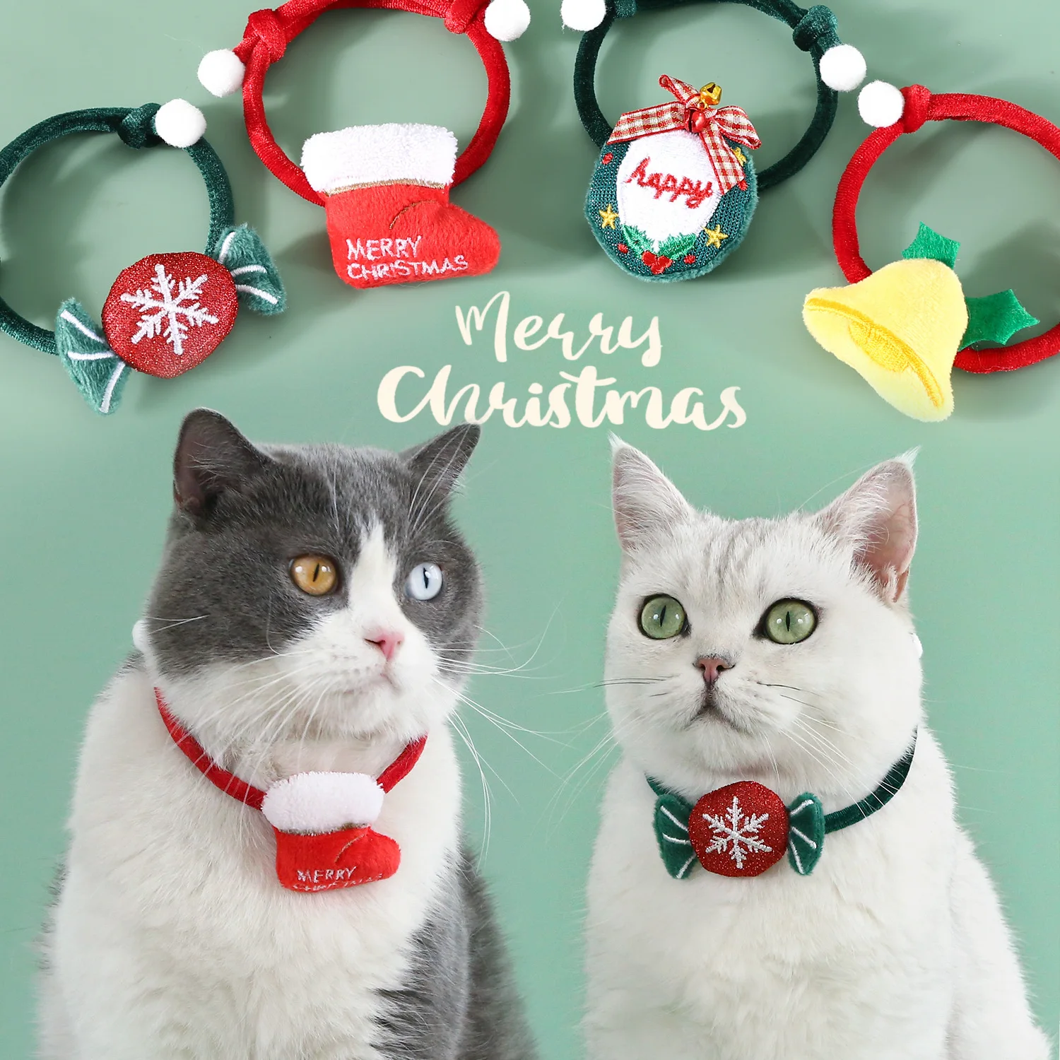 Pet Christmas necklace red and green velvet adjustment rope plush Christmas socks bell candy wreath cat dog rabbit