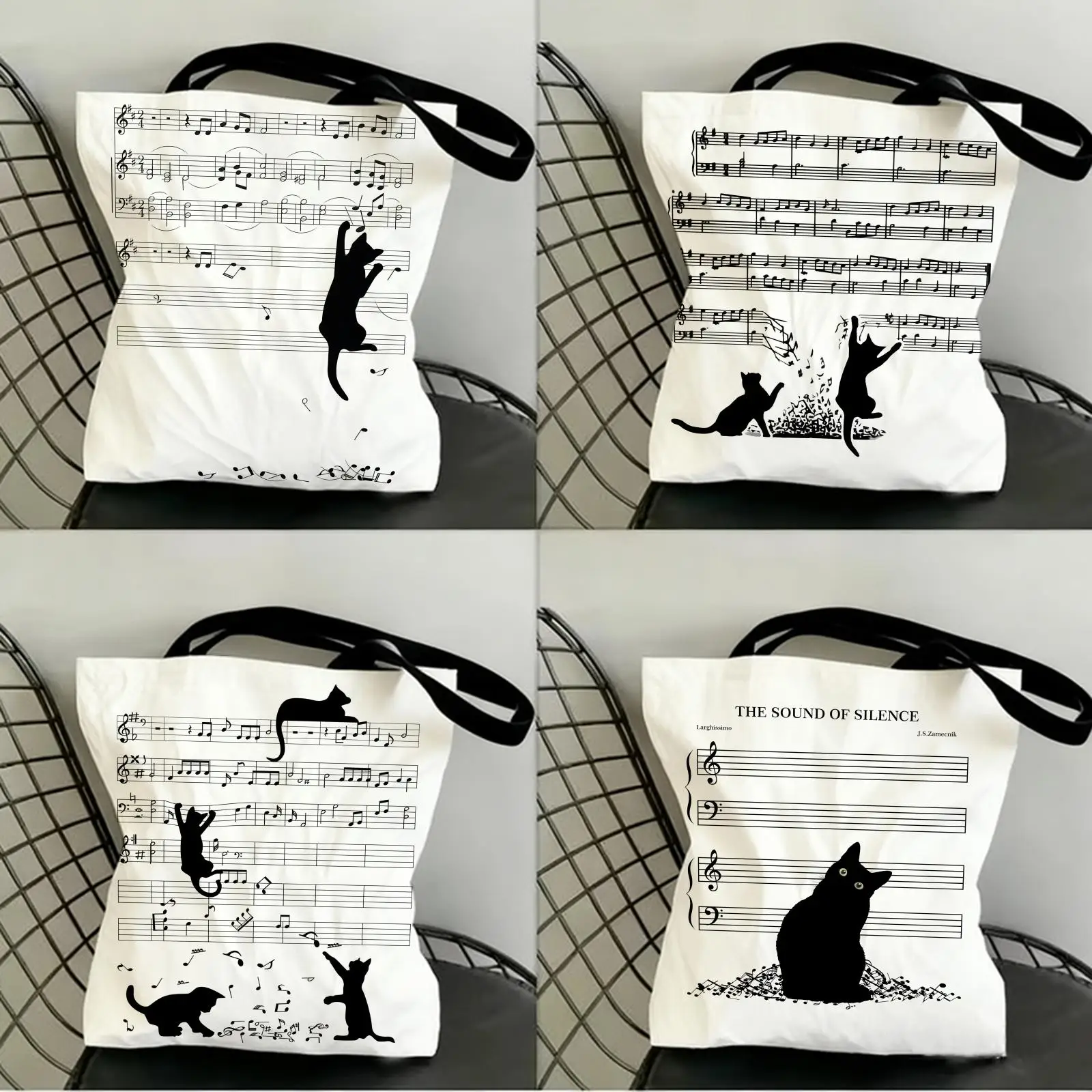

Music and cat Storage Bags Canvas Double-Sided Print Fashion Shoulder Tote Shopping Bag Gift Eco Handbags