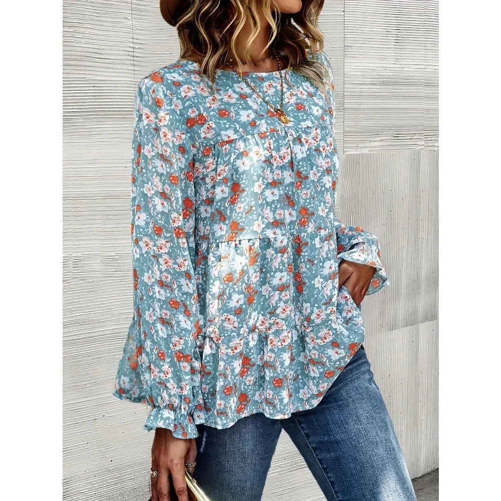 حجم كبير 1XL-5XL المرأة الجديدة التلبيب الياقة البوهيمي شيك الأزهار طباعة قميص مع السيدات عادية كم طويل بلوزة قميص علوي #3