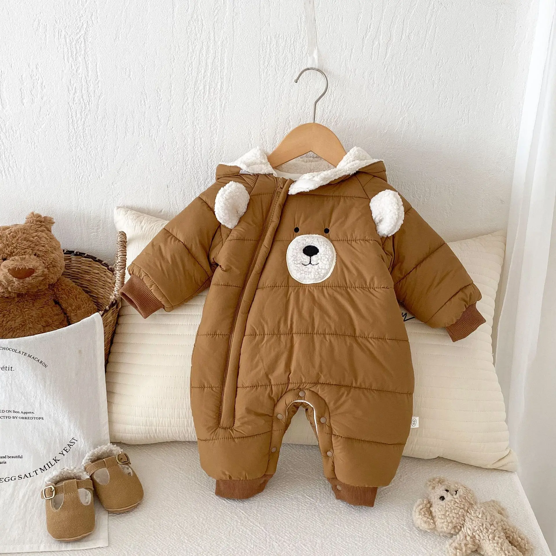 MILANCEL Winter Baby Fur Rompers 0-5 Y Infant Boys Cute Bear Thick Jumpsuit Toddler Girls Fleece Lining Warm Hooded Outwear