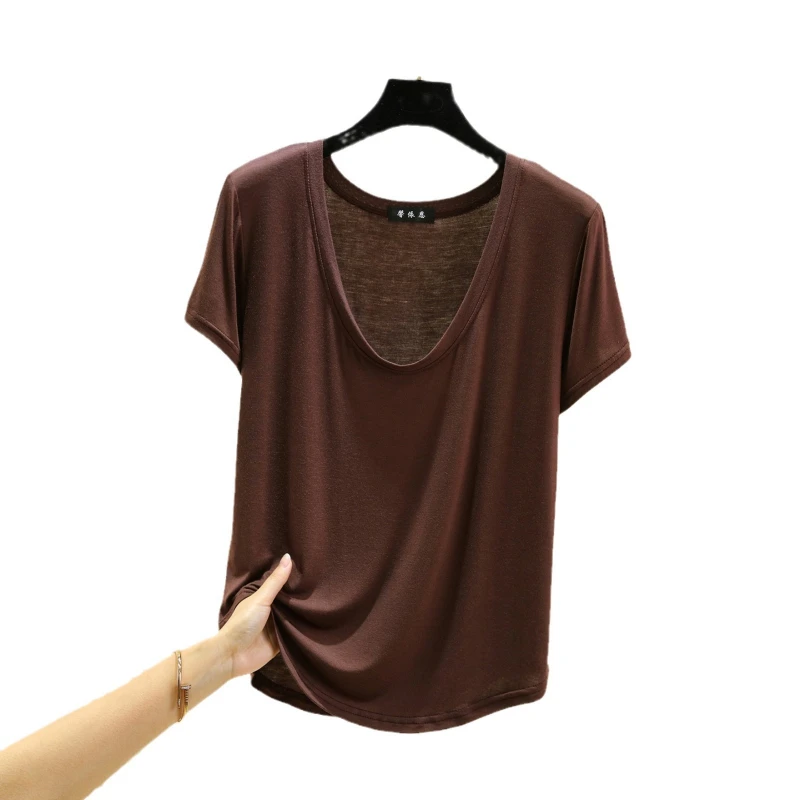 Summer Pure Color Modal Short-Sleeved T-Shirt for Women Large Size Suitable for Wearing as an Undergarment or over Pajamas view 4