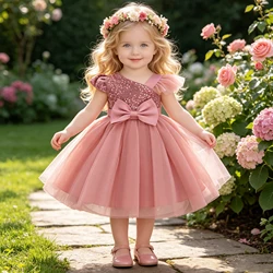Fly Sleeves 1st Birthday Baby Party Dresses for Girl Christmas Costumes Sequin Bow Wedding Princess Girls Dress Bridemaids Gown