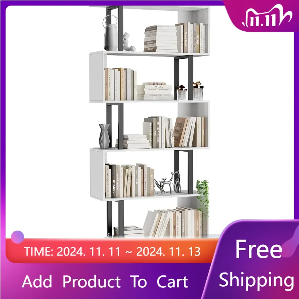 

6 Tier Bookcase,S Shaped Bookshelf, Wood Decorative Storage Shelving, Display Shelves, Tall Book Shelf Unit for Living Room