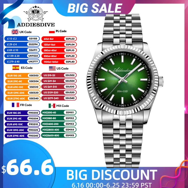 

ADDIESDIVE Quartz Watch for Men Sapphire AR Coated 10Bar Supper Luminous 36mm Men Wristwatch Sports VH31 Men Watches New AD2073
