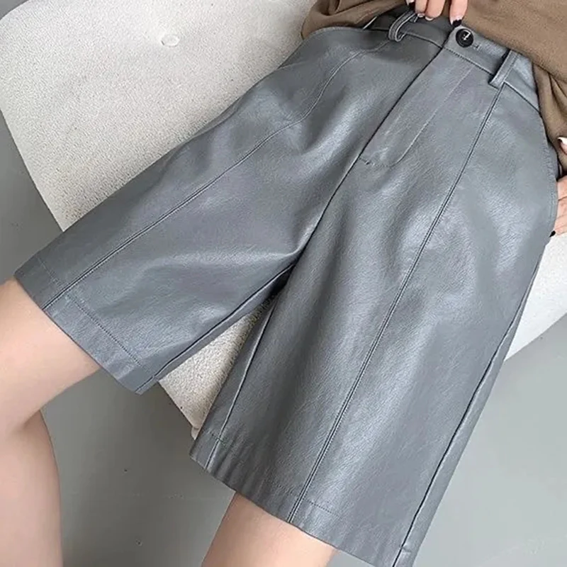 

Biyaby PU Leather Shorts for Women Casual Baggy Black Gray Wide Leg Fifth Pants Woman 2024 Vintage High Waist Short Pants Lady