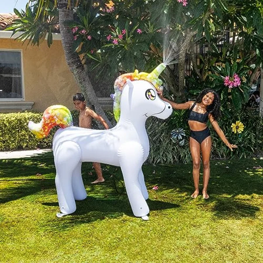 Backyard water play: PVC inflatable unicorn sprinkler in pastel pink extra-large 6-foot size with stable ground pegs for kids a