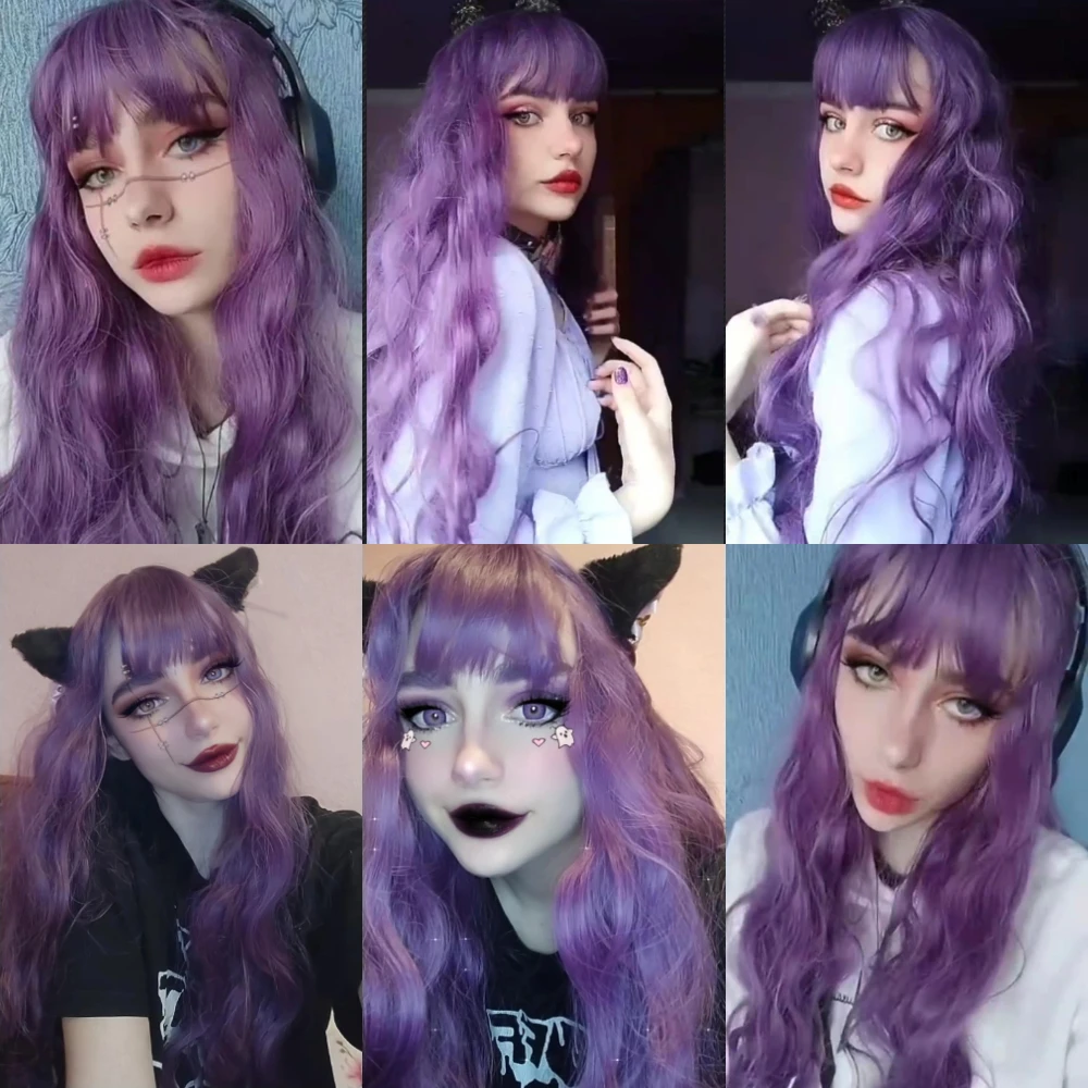 MSIWIGS Long Wavy Purple Cosplay Synthetic Wigs Lolita Halloween With Bangs for Women Party Dailly Heat Resistant Wig