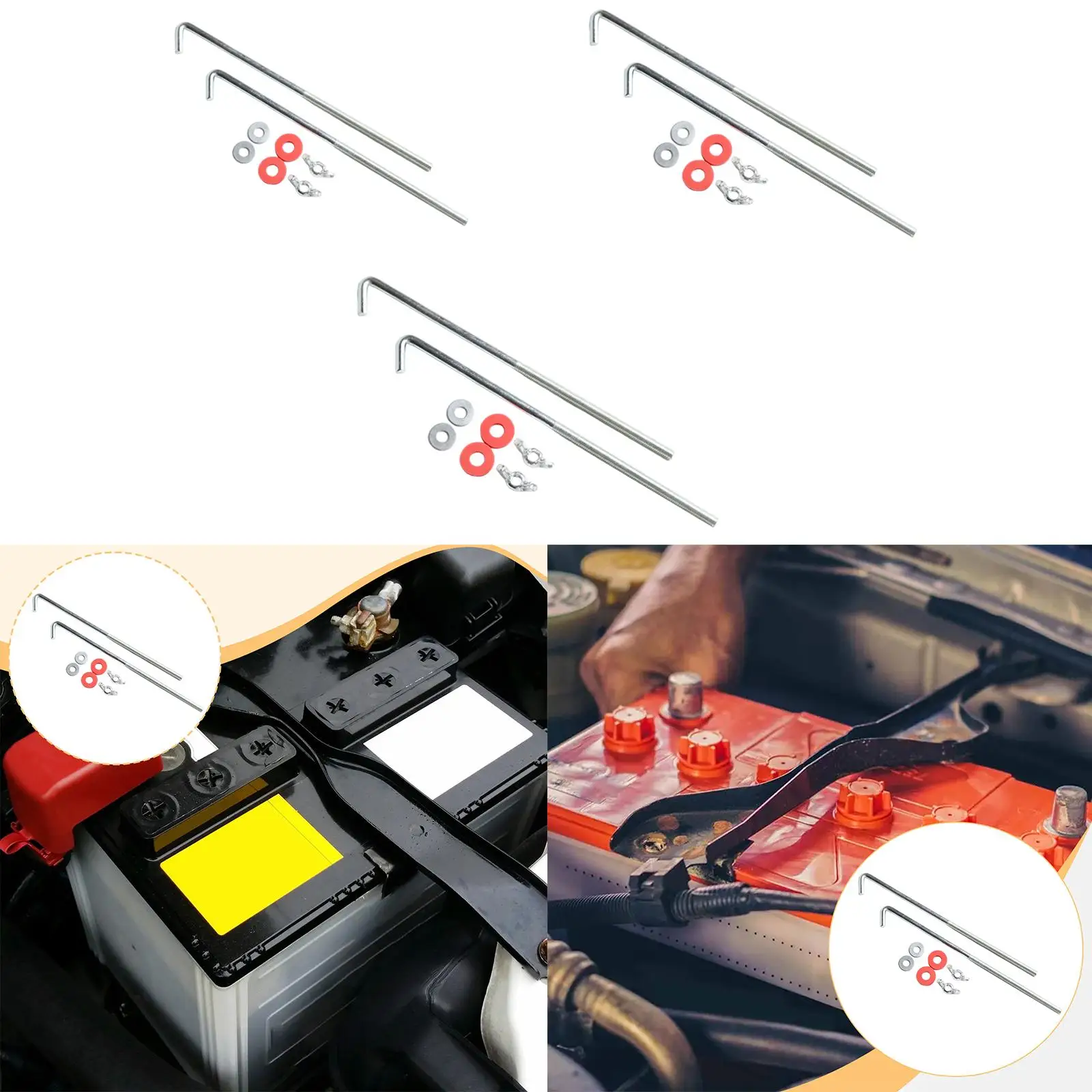Secure Battery Hold Down Bolts Set with J Hooks Bracket Rods Tray Bar Metal Nuts for Vehicle Battery Fixing