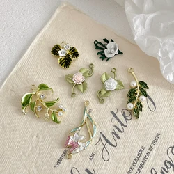 6pcs Ins Alloy Small Green Leaf Camellia Lily Pendant Diy Handmade Bracelet Necklace Earrings Accessories Charms