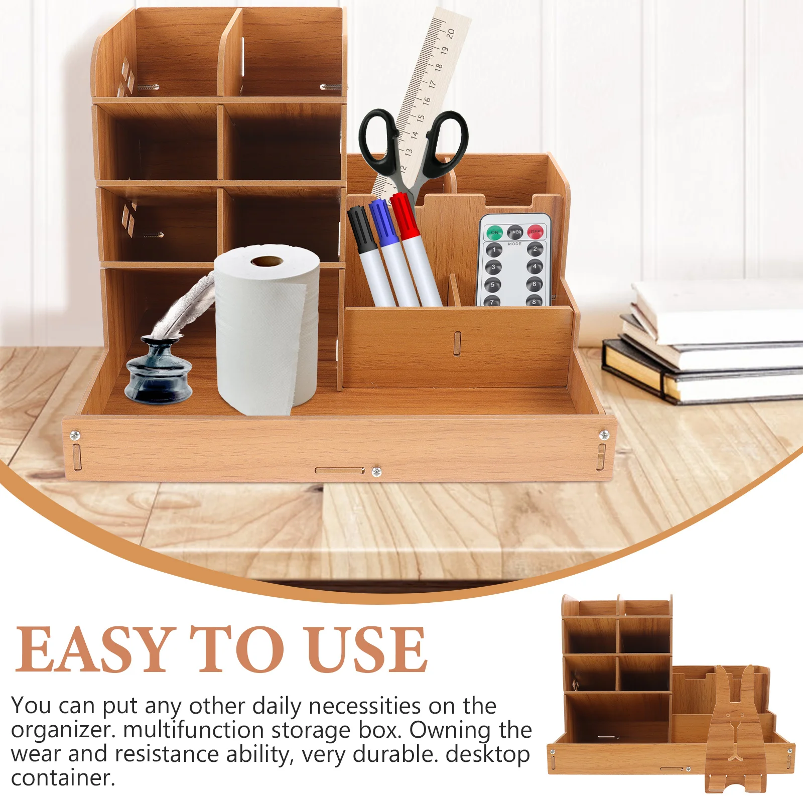 Wooden Desk Organizer Pen Holder Pencil Stand Multifunctional Storage Box for Markers Notebooks Rubber Bands Desktop Container