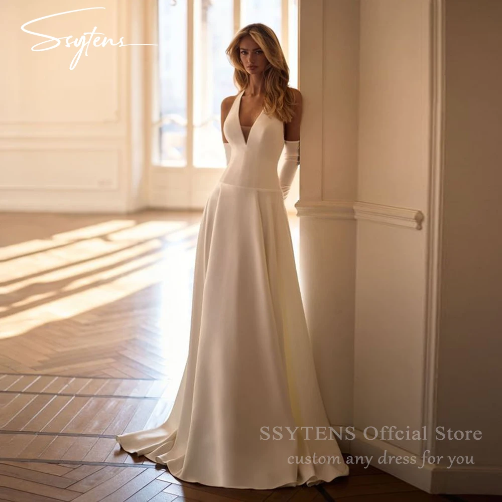 SSYTENS Customized Halter Wedding Dresses Women Boho Sleeveless A Line Long Civil Bridal Gowns Open Back Ivory Bride Dresses