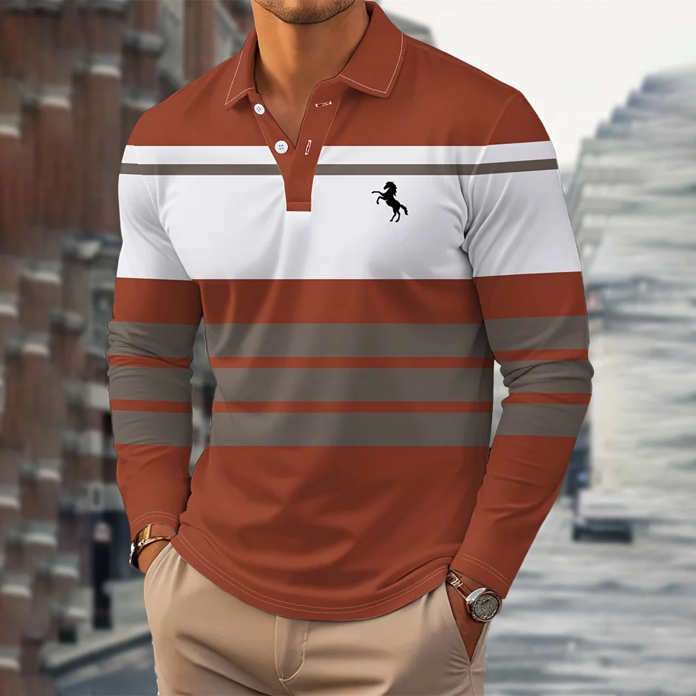 

Fashion Black Striped Print 2026 Golf Wear Men White Collar Buttons Polo Shirt for Men Office Lapel Long Sleeves Men's Clothing