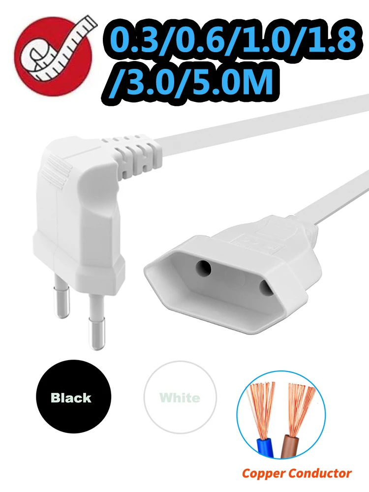 Europea Przedłużacz z wtyczką kątową 90 stopni (męska) do gniazda (żeńskiego) do komputera PC PDU 0,3m/0,6m/1,8m EU 2-bolcowy kątowy przewód — 2