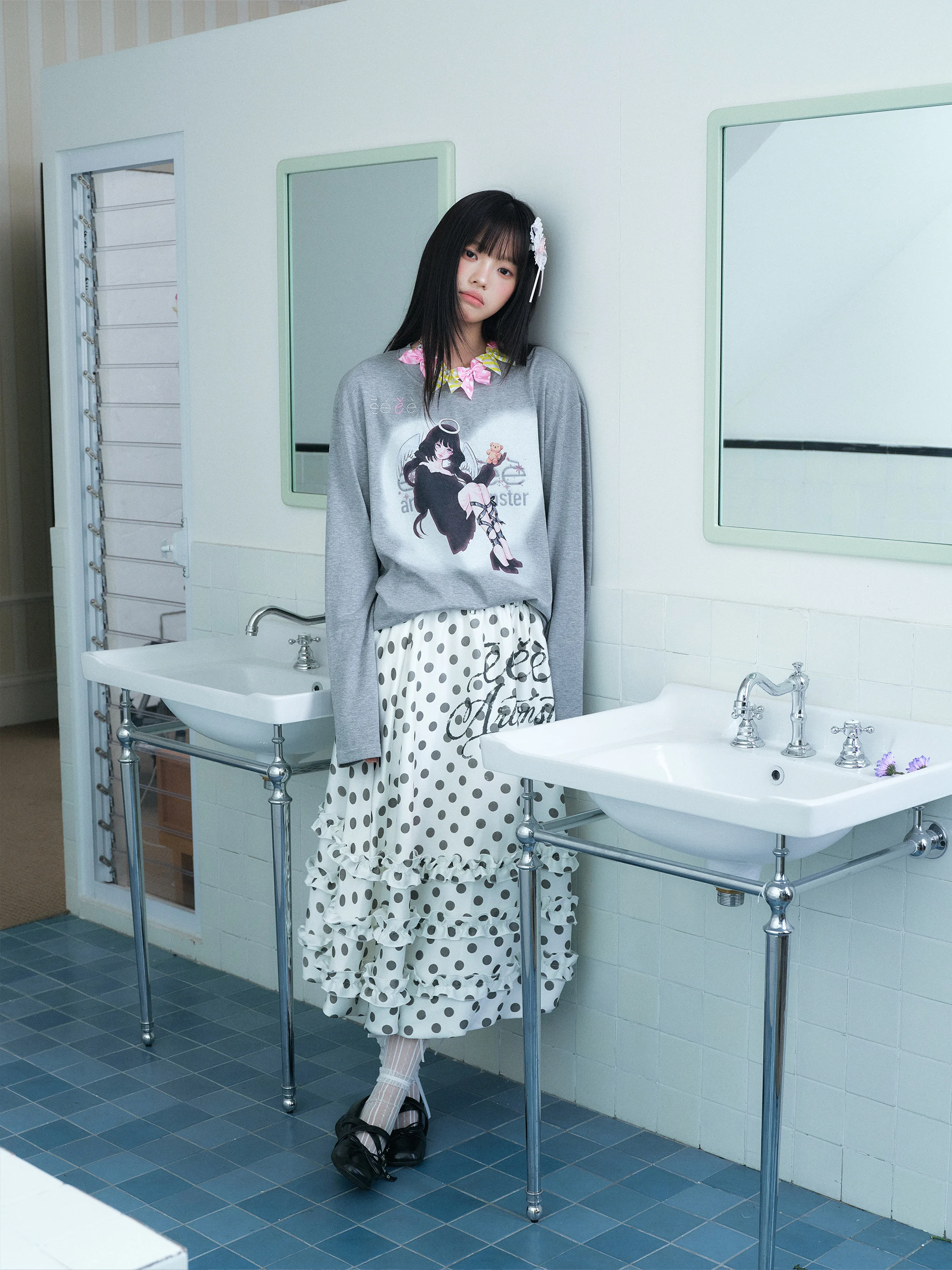 Angel Girl Long Sleeve T-Shirt with Rhinestone Cover up Printed Standard Fit Modal Cotton Polyester round Neck Casual Top